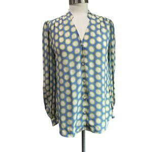DVF Diane Von Furstenberg Washington Puff Sleeve Blouse Blue Yellow Sz 4